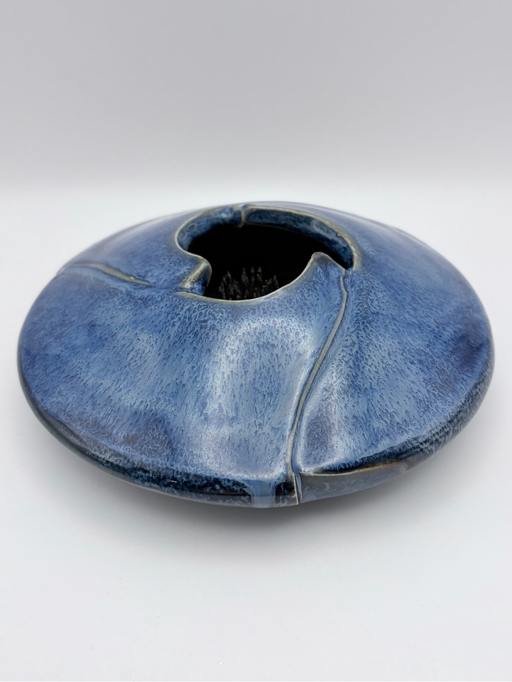 Ian Staintin Studio Art Ikebana Flower Frog Round Vase Cobalt Blue Ceramic
